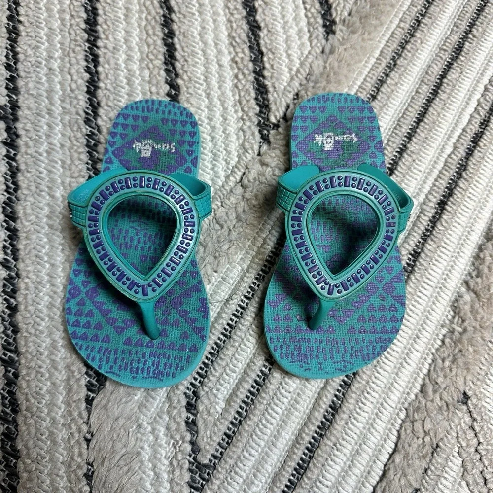 Sanuk Toddler Girl Flip Flop Sandals Sz 7-10 Blue Summer Shoes Vacation Slip On